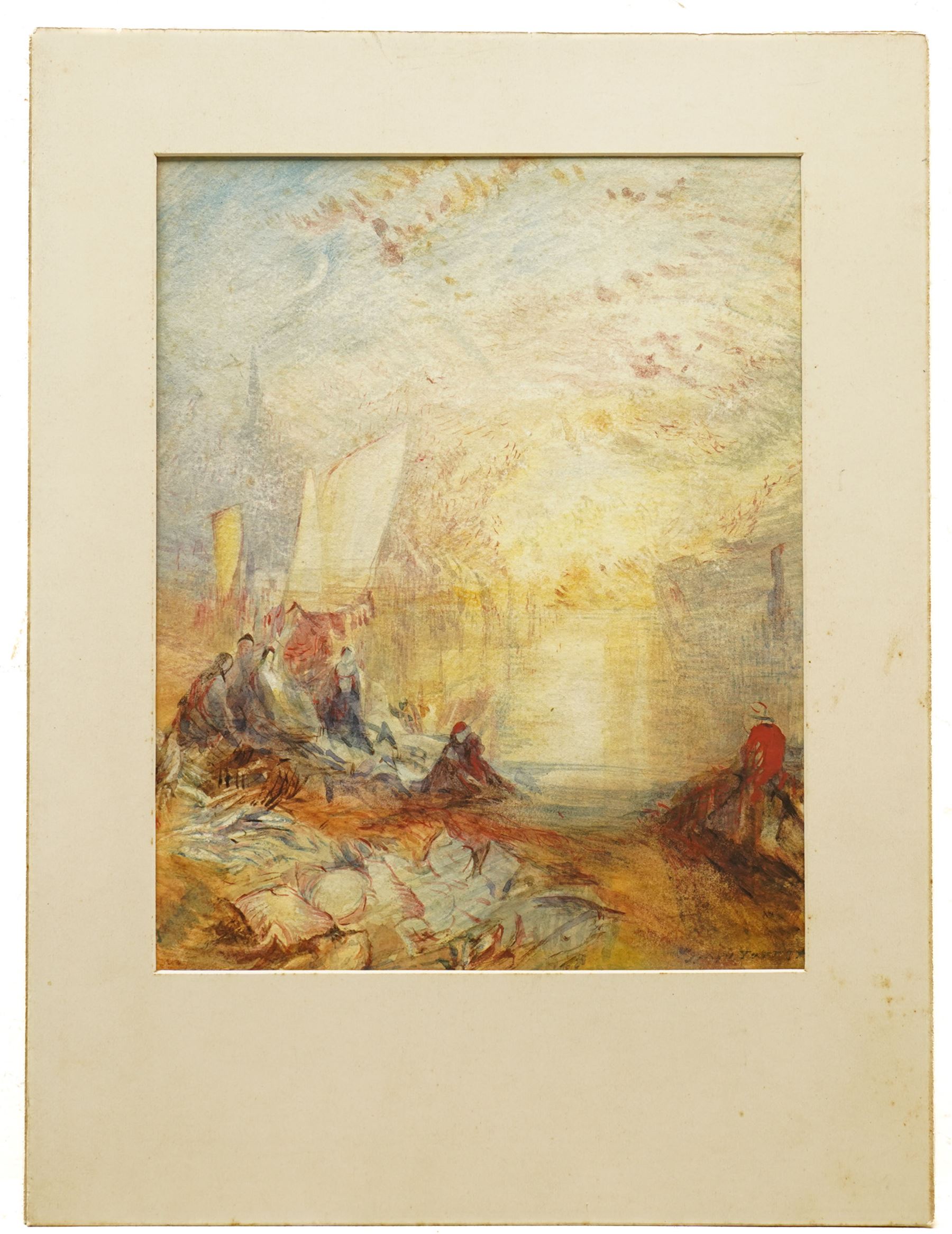 After Joseph Mallord William Turner (British 1775-1851): 'Sunset: A Fish Market on the Beach', watercolour on wove paper bearing signature, inscribed and signed verso 22cm x 17cm (unframed)