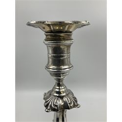Pair of late Victorian silver mounted candlesticks, each of knopped and part fluted form, upon square stepped base with anthemions to each corner, with conforming sconces, hallmarked to removable sconces and foot, Thomas A Scott, Sheffield 1901, H25.2cm
