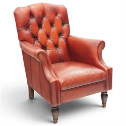 Laura Ashely - Georgian design Chesterfield style armchair, upholstered in back-buttoned crimson leather, on turned front supports