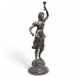After Victor Rousseau (1865-1954)  - bronze sculpture of a lady holding aloft a torch and on circular base H50cm