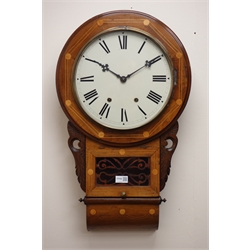  Victorian American drop dial wall clock, inlaid case with painted Roman dial and twin train movement, H74cm  