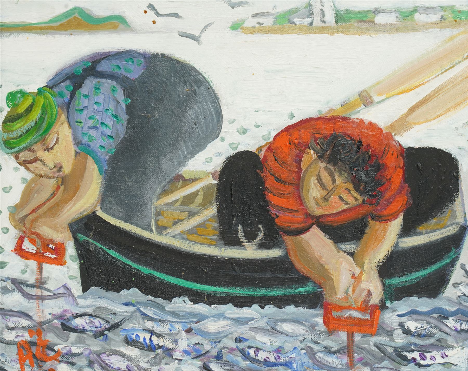 Anthea Craigmyle (British 1933-2016): Mackerel Fishing from a Rowing Boat, oil on canvas signed with initials 20cm x 25cm