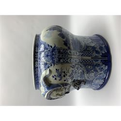Large 20th century Delft blue and white jardinière, of baluster form with twin zoomorphic mask lug handles, decorated with hand painted panels of waterside scenes, within foliate surround, impressed and painted marks beneath for De Porceleyne Fles workshop, Delft, H35cm, rim D32