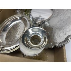 Silver plated estminh entree dish of oval form, copper half gallon jug, claret jug, ship decanter, etc, in two boxes 