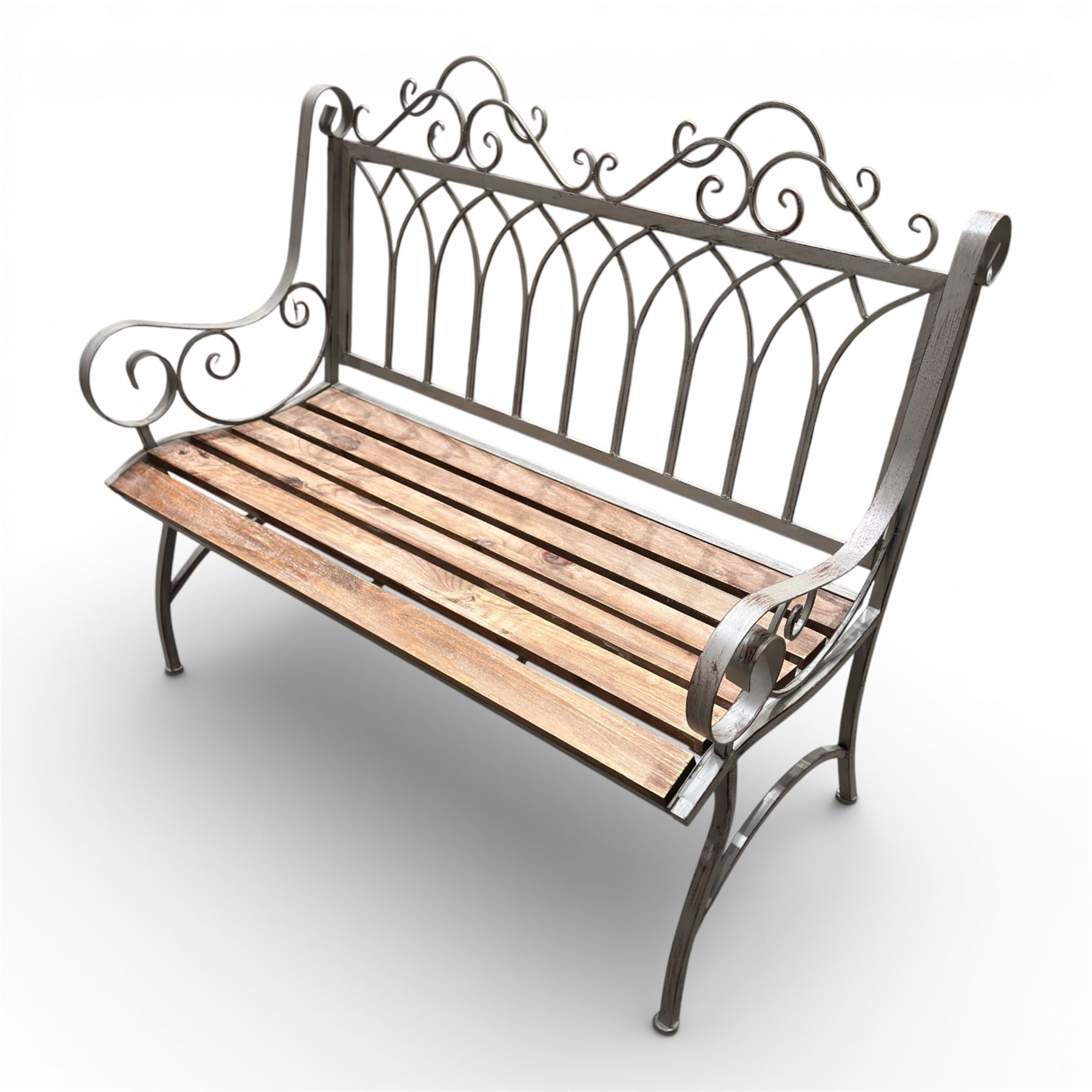 Antique grey painted metal garden bench with wood slatted seat