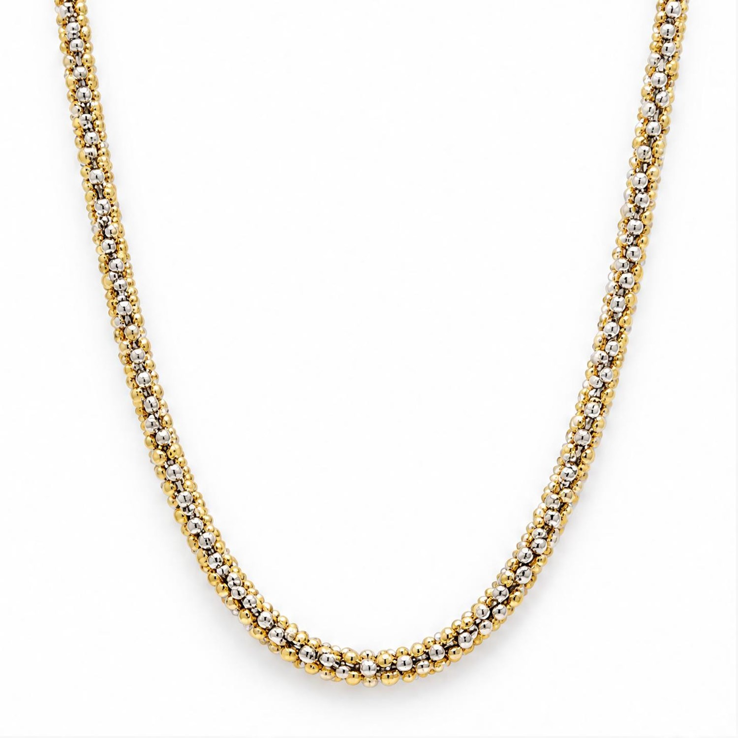 18ct white and yellow gold bead link necklace, stamped 750