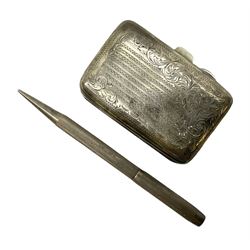 20th century engine turned silver propelling pencil by Johnson, Matthey & Co, stamped London 1956, together with silver cigarette case stamped Birmingham 1904 with engraved foliate decoration, total weight 74g