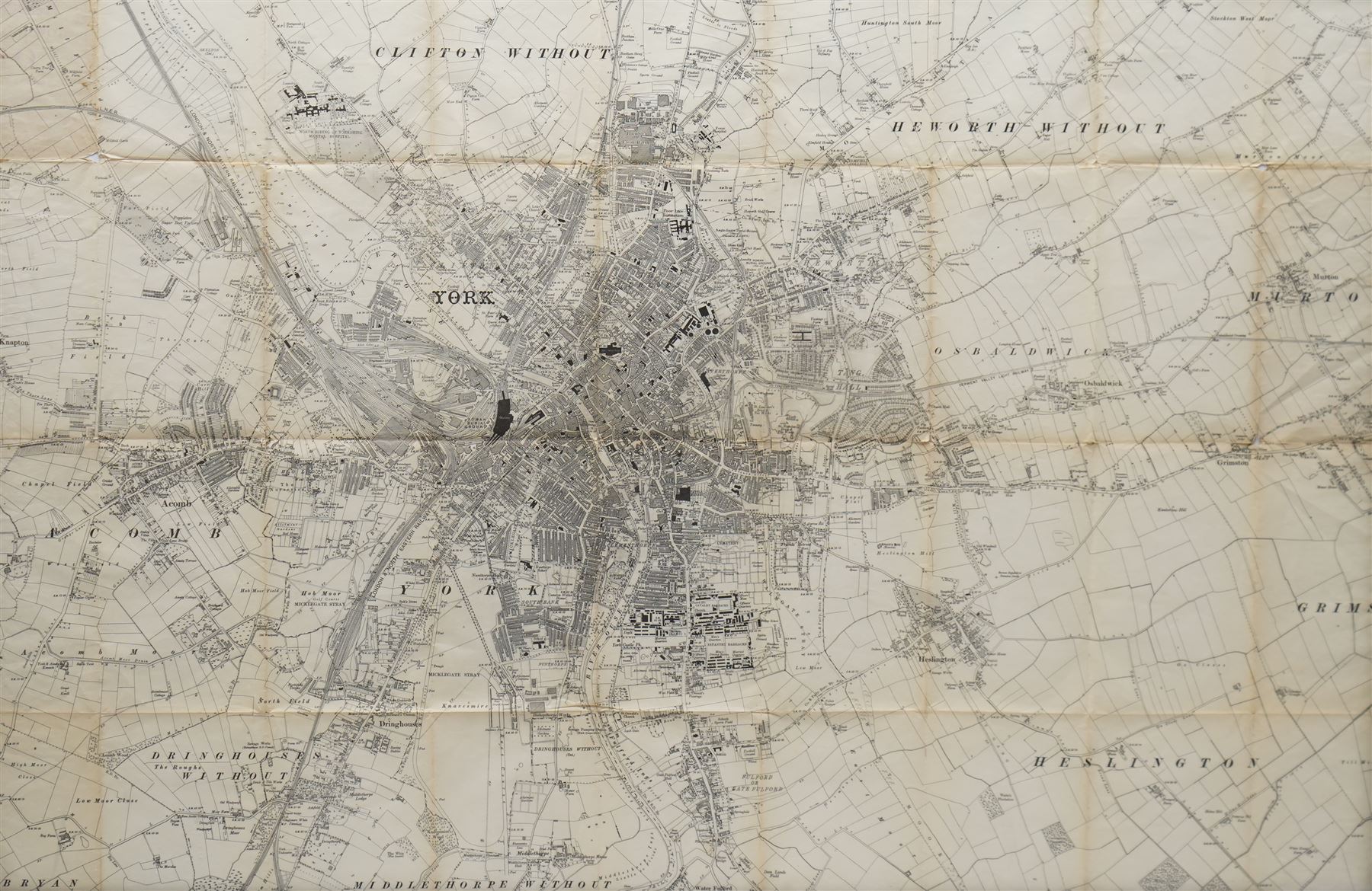 Framed Early 20th century Ordnance Survey map of York 60cm x 90cm