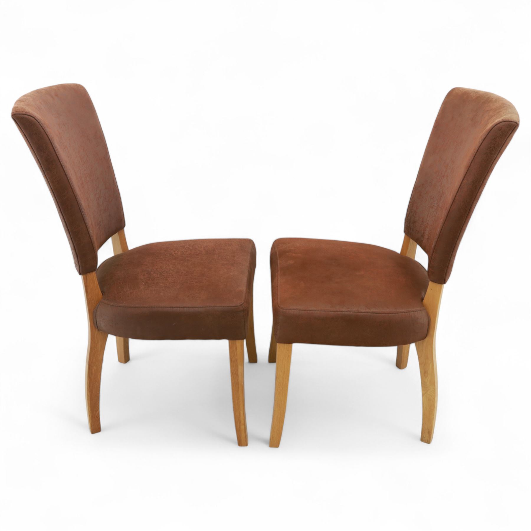 Contemporary oak dining suite, comprising rectangular table with solid top and square legs, together with four brown leather upholstered dining chairs with oak legs (5)