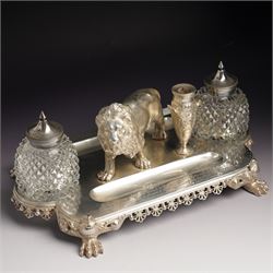 19th century Walker & Hall, silver plated inkstand, oblong and on four paw feet, the borde...