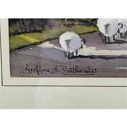 Geoffrey H Douthwaite (British 20th century): 'A Moorland Village', watercolour signed, titled verso together with English School (20th century): Golden Retriever, chalk on paper unsigned max 25cm x 34cm