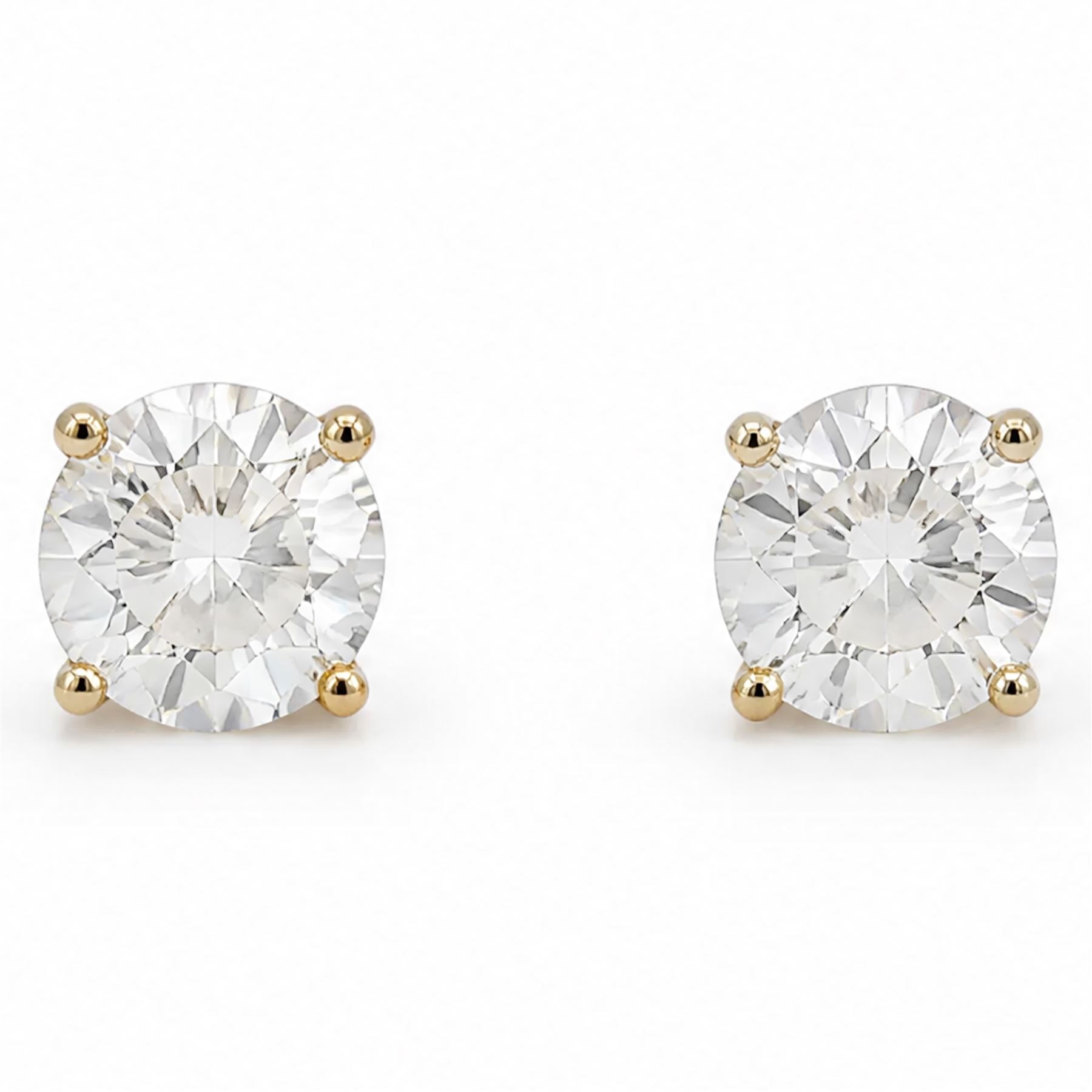 Pair of 9ct gold lab grown diamond earrings, each stud set with a single round brilliant cut diamond, stamped 375, total diamond weight approx 1.00 carat