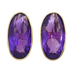 Pair of 9ct gold oval cut amethyst, screw back earrings, stamped