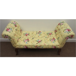  Late 20th century double scroll window seat, upholstered with a deeply buttoned floral fabric, shaped supports, W139cm, H72cm, D53cm  