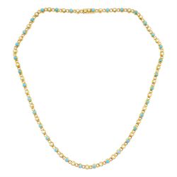 Early 20th century gold split pearl and turquoise necklace, stamped 15ct, in velvet and silk lined box by London & Ryder, New Bond Street