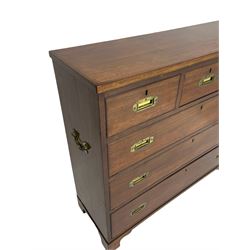 Georgian military type campaign chest, narrow rectangular top over three short and three long drawers, recessed brass handles, on bracket feet