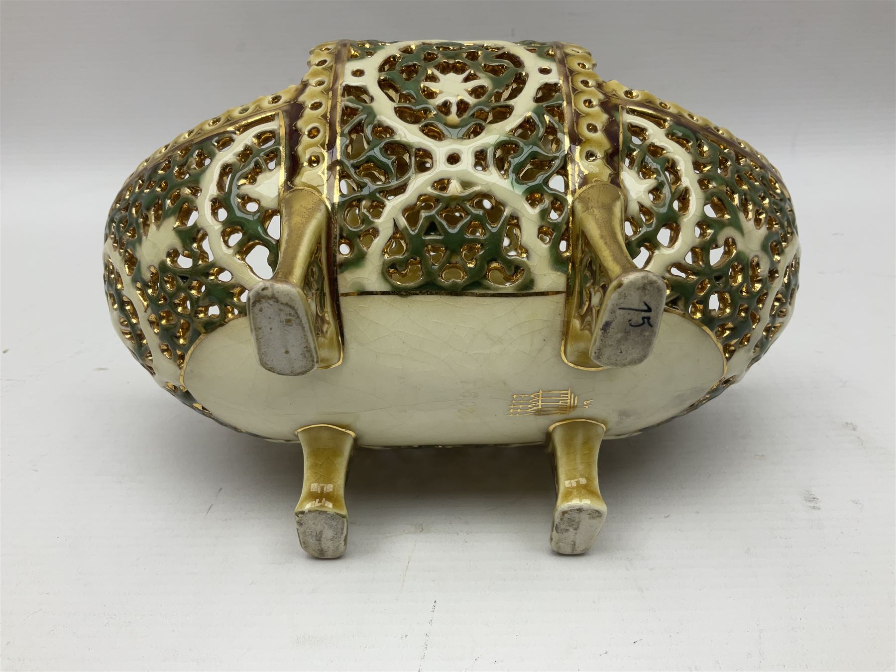 Hungarian Zsolnay Pecs gilt and green reticulated basket, upon four feet, with gold mark beneath, H14cm L21cm