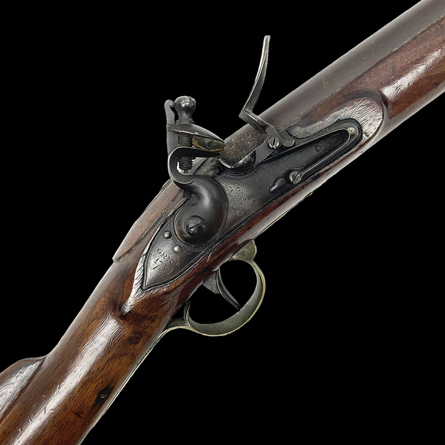 18th century flintlock coaching carbine, approximately 24-bore, maker Grice dated 1759, the 56cm(22