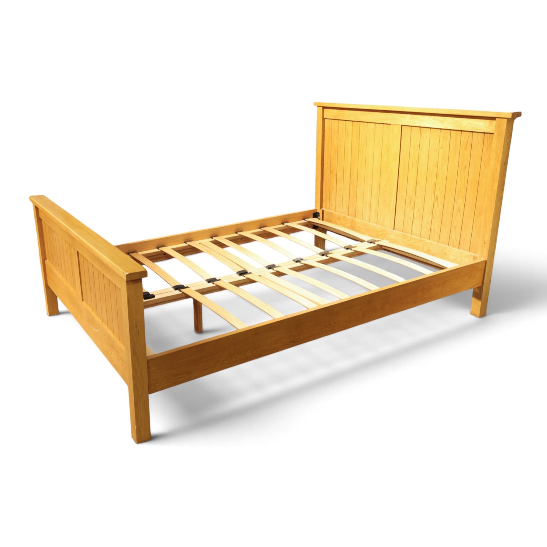 Oak double bed, tongue and groove head and footboard, square supports