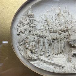Justin Mathieu, two oval high relief plaque depicting a battle scenes, each within a wooden frame, frame  H21cm, L25cm