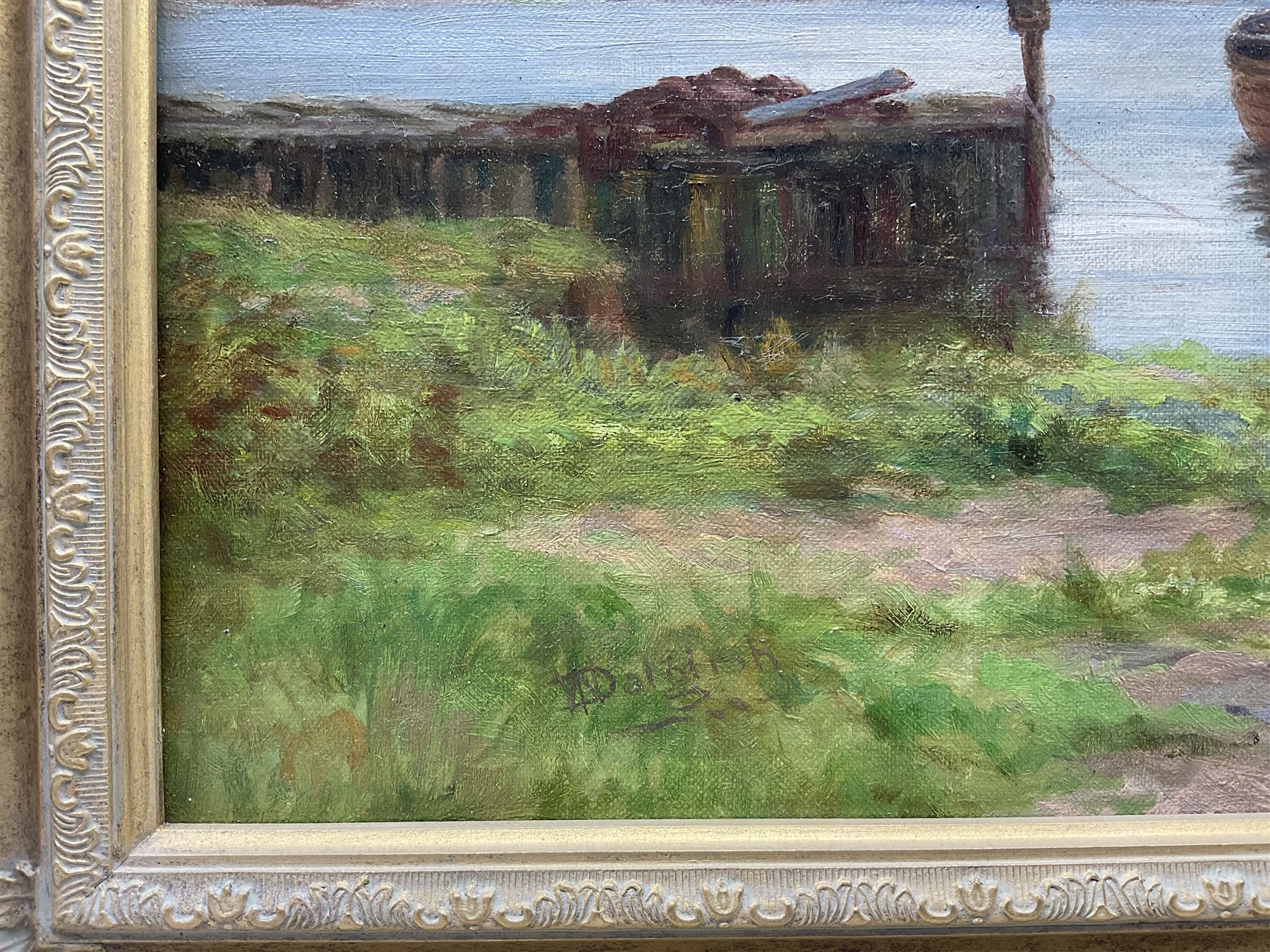 William Dalglish (Scottish 1860-1909): Campbeltown Boats at Rest, oil on canvas signed 39cm x 60cm 
Provenance: private collection, purchased James Alder Fine Art, Hexham; with McTear's Glasgow 15th May 2014 Lot 1645