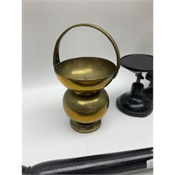 Set of Weylux Prince cast iron and brass weighing scales with weights, together with three copper and brass warming pans and other metal ware