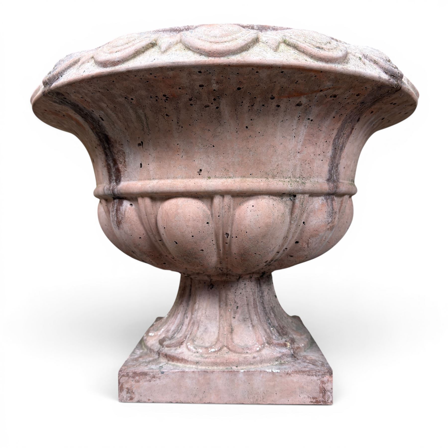 Pair of cast stone stone circular squat planters, egg and dart detail to rim, square base