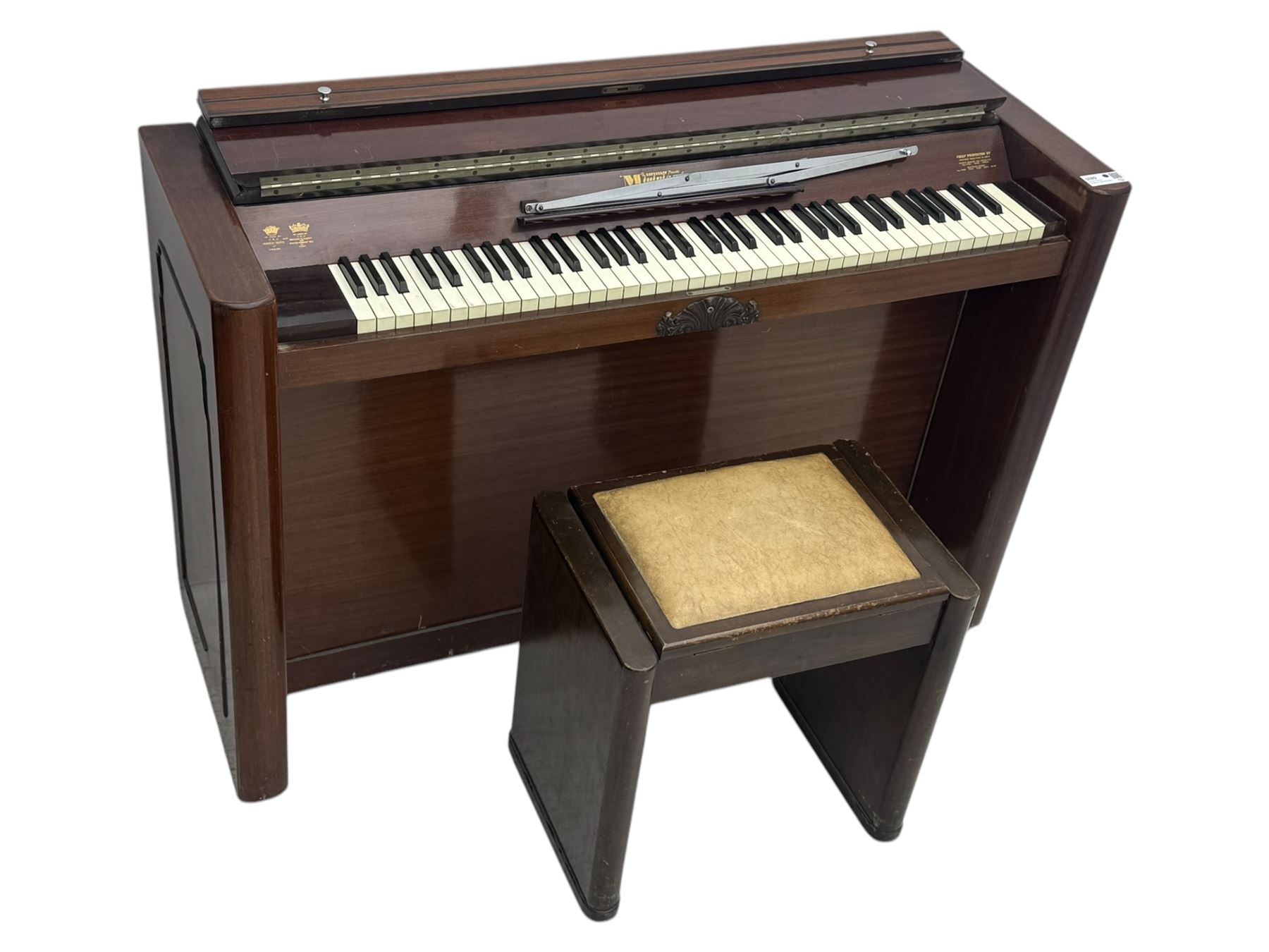 Evestaff - Minipiano early 20th century mahogany cased upright piano, with stool, compact upright form with streamlined mahogany case, full keyboard over two brass pedals, together with matching piano stool