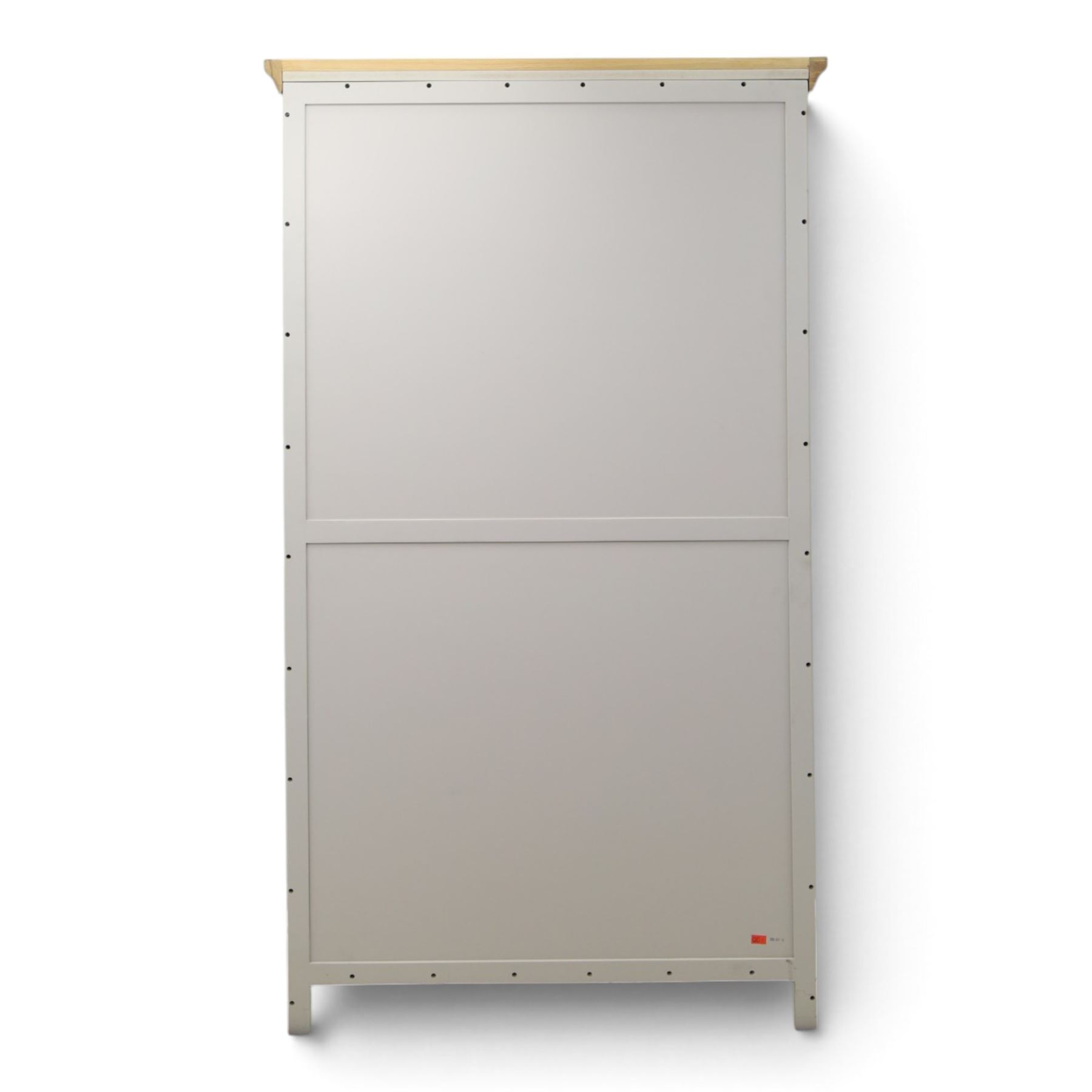 Barker & Stonehouse - Grey painted double wardrobe, with projecting oak cornice, fielded panelled doors, with wooden hanging rail, raised on bracket feet