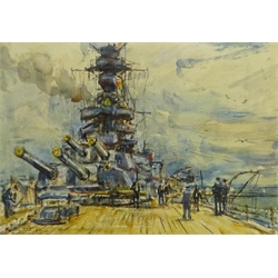  Rowland Henry Hill (Staithes Group 1873-1952): 'HMS Warspite', watercolour and gouache signed titled and dated 1933, 25cm x 37cm Provenance: exh. T B & R Jordan 'Harrogate Staithes Group' Exhibition 2004  Notes: HMS Warspite, a Queen Elizabeth Class Battleship was one The Royal Navy's most famous ship's of the 20th century, built in 1915 and serving throughout two World Wars    DDS - Artist's resale rights may apply to this lot  