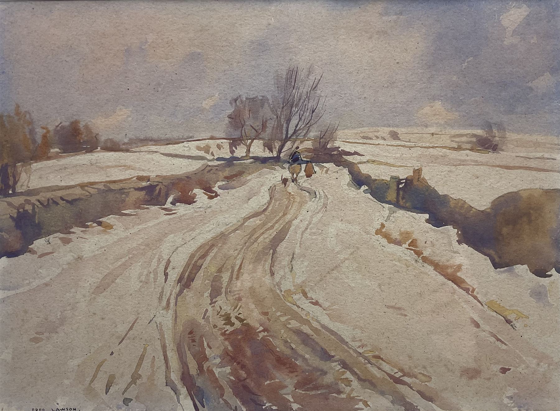 Frederick (Fred) Lawson (British 1888-1968): 'A Wensleydale Lane in Winter', watercolour signed, titled on gallery label verso 27cm x 37cm 
Provenance: with Chris Beetles Gallery, London, label verso