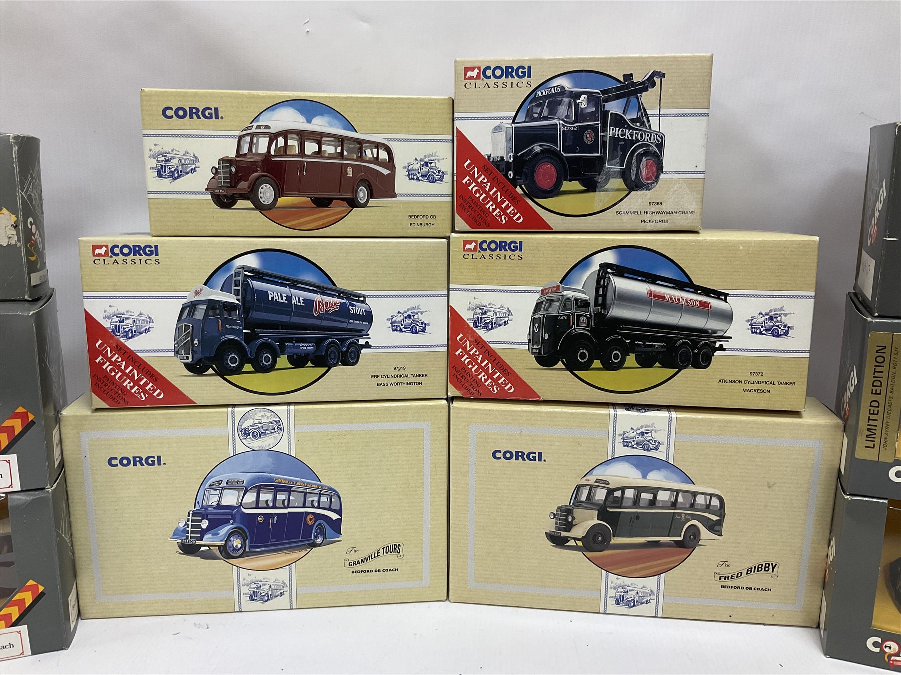 Corgi Classics - twenty one models to include 97106 The Fred Bobby Bedford OB Coach; 97108 The Granville Tours Bedford OB Coach; five Bedford type OB Coaches comprising 94912, D94927, C9494, D94914, 97100; further models 97319, 97372, 97370, 97317, 98456, 97368, 98164, 19702, 30501, 12501, 23101, 20202, C827 and D94924; all boxed (21) 