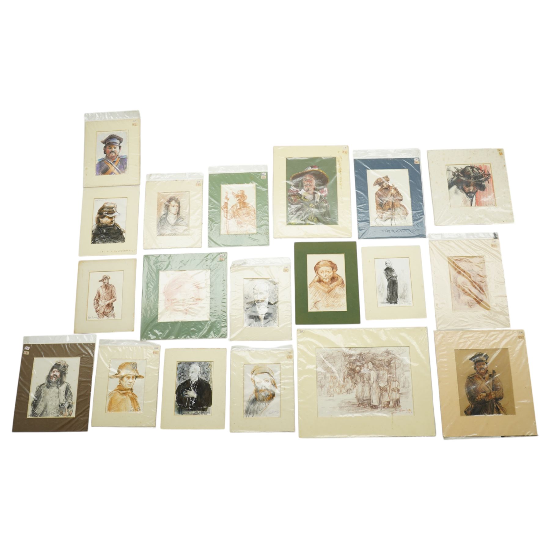 John Gilbey Bowles (British 1929-2011): Religious and Military Figures, collection of nineteen sketches of portraits of religious and military figures including Jesus, John the Baptist, pilgrimage scene, Napoleonic soldier, Royalist and various others throughout the ages, signed inscribed and dated max 18cm x 26cm (19) (unframed)