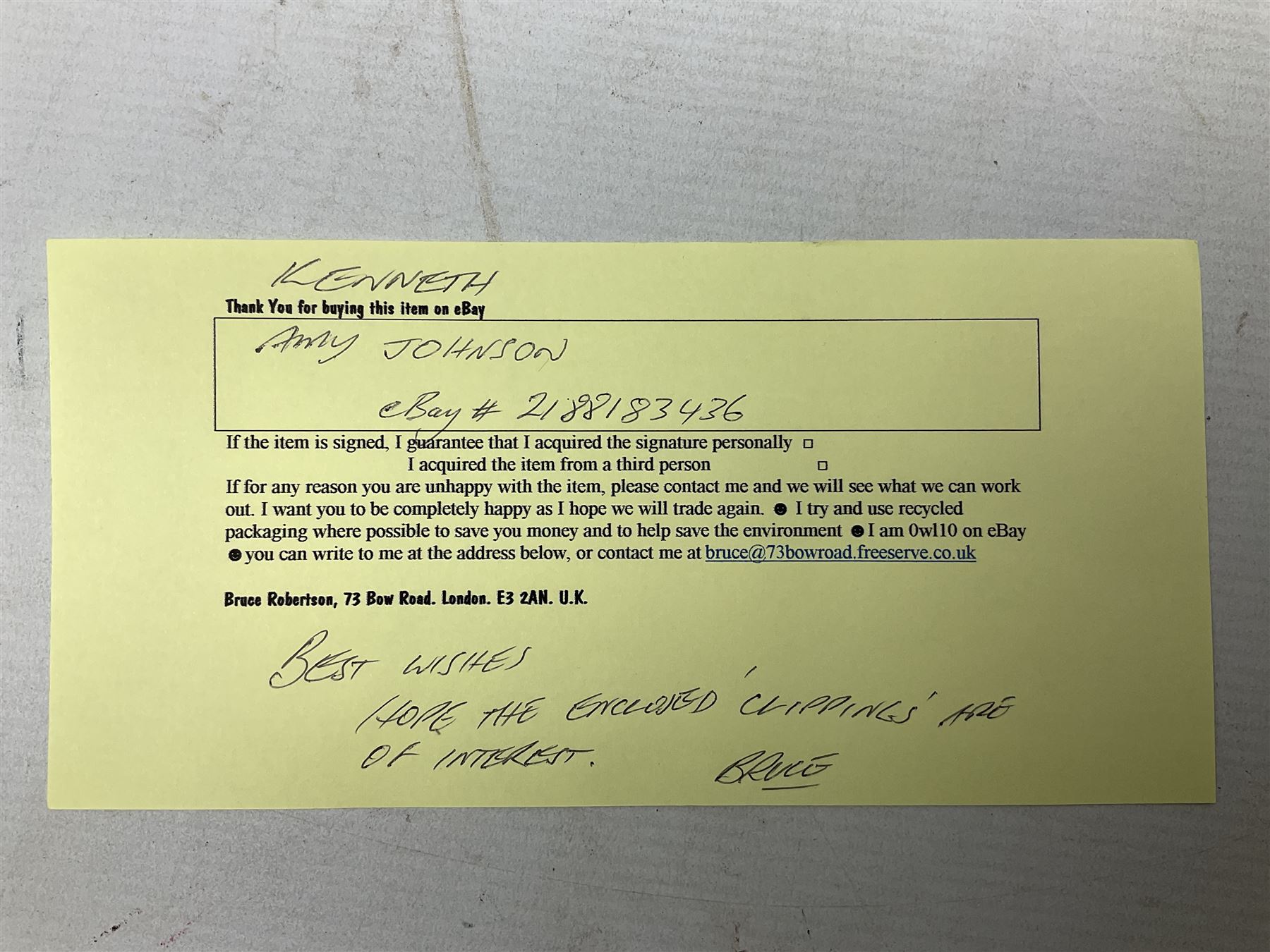 Amy Johnson (1903-1941) English Pioneer Aviatrix - signature on small oblong piece of paper folded in half; with CoA 13 x 8cm