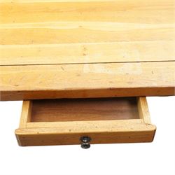 Modern solid oak extending dining table and eight upholstered chairs, the table of plank top construction raised on square supports, extended to 231cm with leaves 