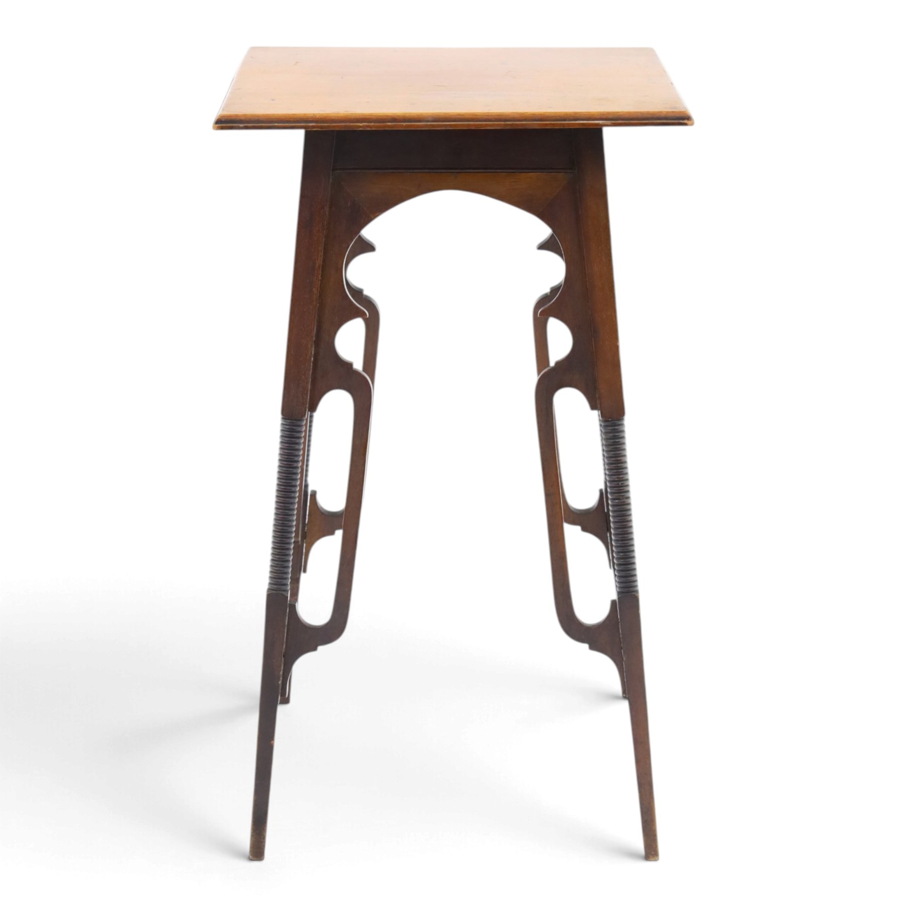 Art Nouveau design mahogany side table, square moulded top over pierced scroll shaped aprons, on four openwork supports