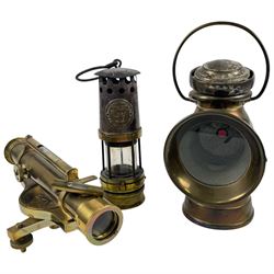 Brass railway lantern, Hailwood & Ackroyd WB patent miners lamp, brass theodolite and a telescope