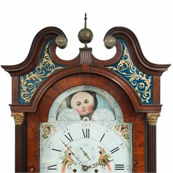 Henry Fisher of Preston (Lancs)- a fine late 18th century Mahogany 8-day longcase clock c 1790, with a swan necked pediment, brass paterie and Verre Eglomise glass panels with a blue ground beneath, broken arch hood door flanked by reeded pilasters with brass Corinthian capitals, trunk with inset reeded quarter columns and a wavy topped door in figured mahogany, plinth with conforming canted corners, raised panel and bracket feet, with an early Wilson painted dial comprising a colourful depiction of birds of paradise to the centre and a working lunar disc to the arch, with painted floral spandrels within gesso borders and matching steel hands, Roman numerals, five-minute Arabic's, minute markers and matching seconds and date dials, dial pinned via a cast Wilson falseplate to a rack striking four-pillar movement, striking the hours on a bell. With weights and pendulum.
Henry Fisher is recorded as working in Preston, c1742-95.
 