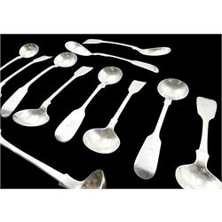 Collection of eleven silver Fiddle pattern salt spoons, comprising a matched set of four Victorian examples, hallmarked Thomas Sewell I, Newcastle 1863 and 1867, three further Victorian examples, hallmarked Reid & Sons, Newcastle 1840, a single Victorian example, hallmarked Newcastle 1841, makers mark worn and indistinct, a Victorian pair, hallmarked Reid & Sons, Newcastle 1843, and a William IV example, hallmarked William Rawlings Sobey, Exeter 1833, approximate total weight 4.27 ozt (133 grams)
