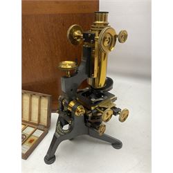 W. Watson & Sons Ltd lacquered brass compound microscope circa 1910, the back foot signed W. Watson & Sons Ltd, 313 High Holborn London and numbered 8193, together with a boxed collection of glass microscope biological sample slides