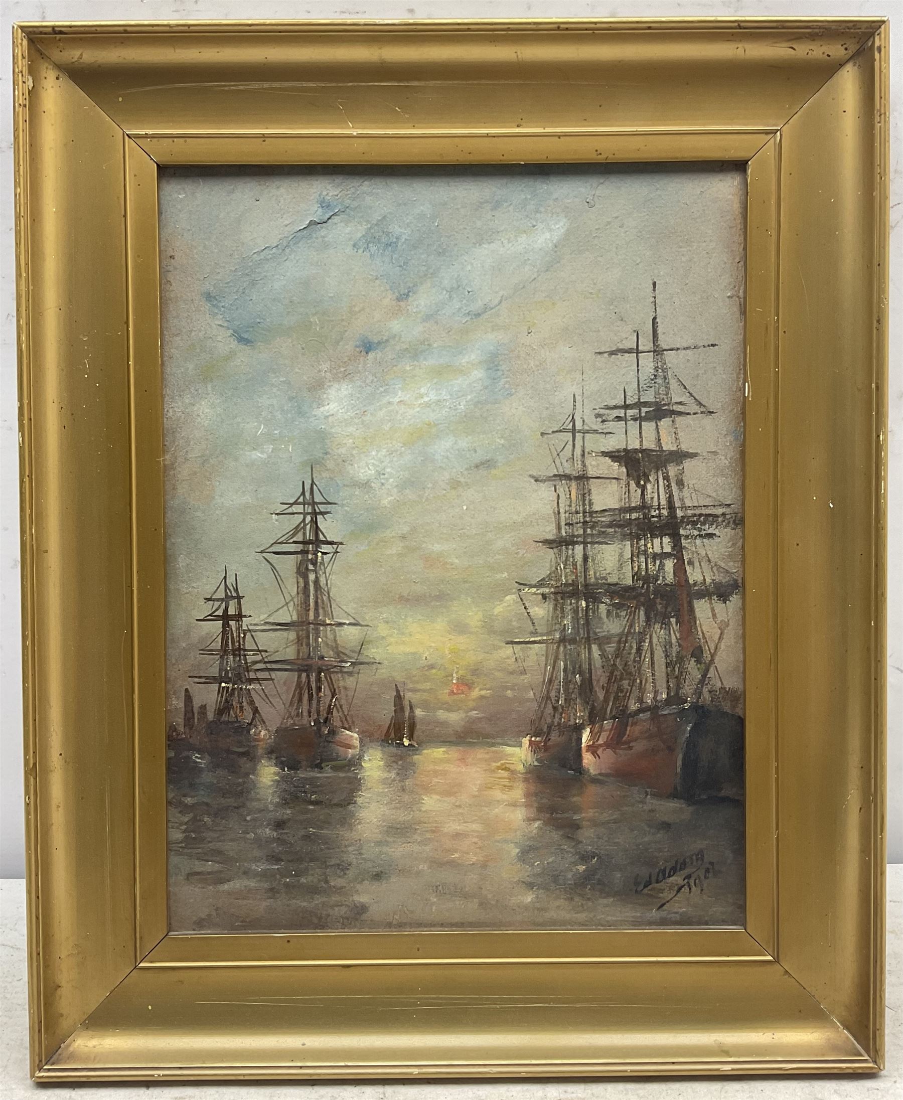 Edouard Adam (French 1847-1929): Masted Ships at Sunset, oil on board signed and dated 1907, 32cm x 25cm 
Provenance: Robin Hood's Bay family ownership for many years
