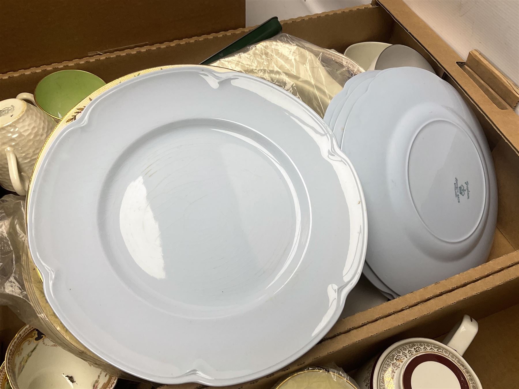 Collection of tea and dinner wares, to include Crown Clarence wares, two Maling cups and saucers, etc,  together with three Foley twin handled urns etc, in three boxes