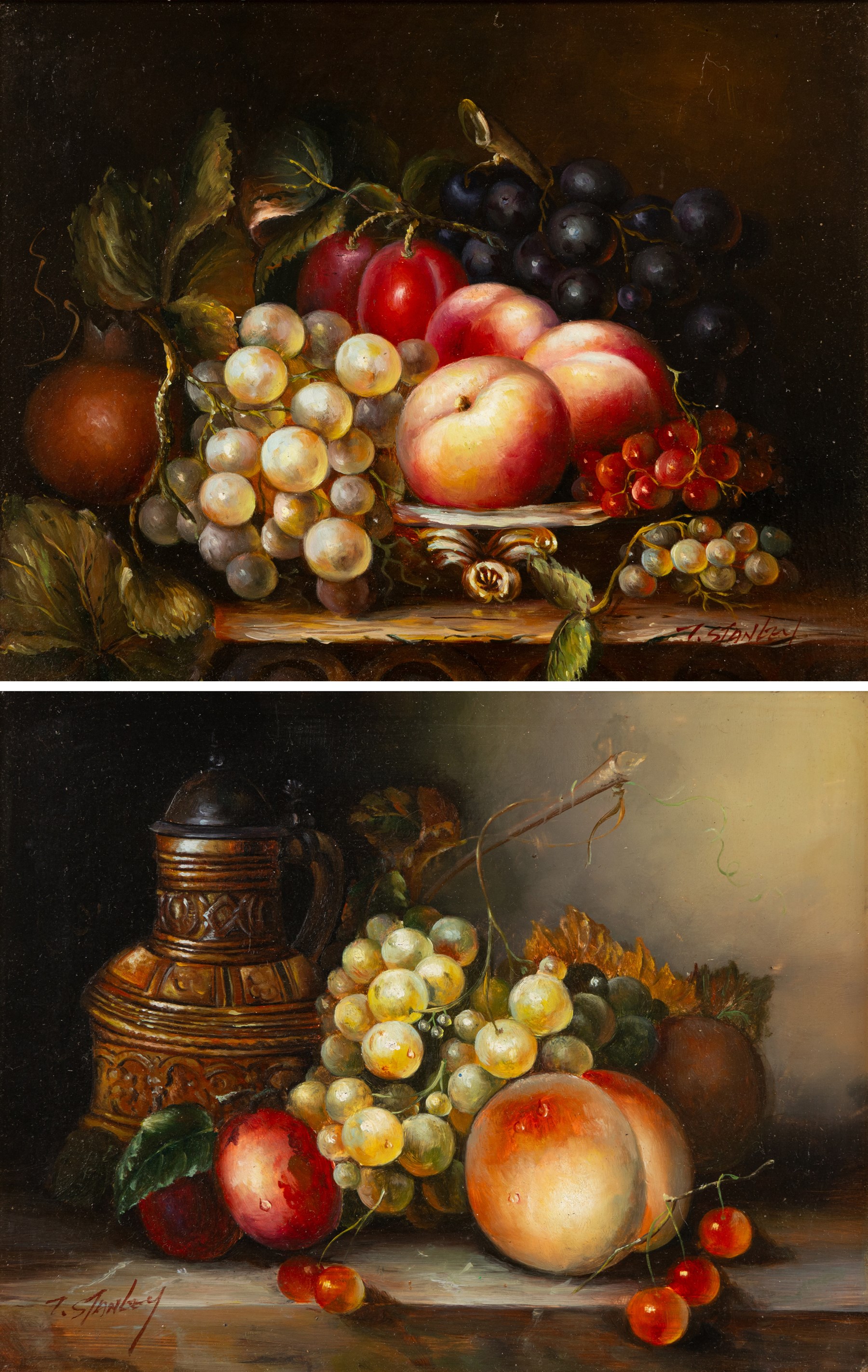 T Stanley (British late 19th/early 20th century): Still Lifes of Peaches Grapes and Foliage, pair of oils on board signed 19cm x 24cm (2)