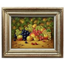 John F Smith (British 1934-): Still Life of Fruit, oil on board signed 29cm x 39cm 
Notes: Smith was employed by Royal Worcester as a fruit painter between 1950 and 1971.