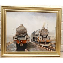 Joe Townend GRA (British 1946-): Black Fives at Rose Grove Shed Burnley, oil on canvas signed 40cm x 50cm