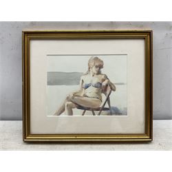 Trevor Chamberlain ROI RSMA (British 1933-): 'The Striped Bikini', watercolour signed, titled with artist's studio label verso 16cm x 21cm
