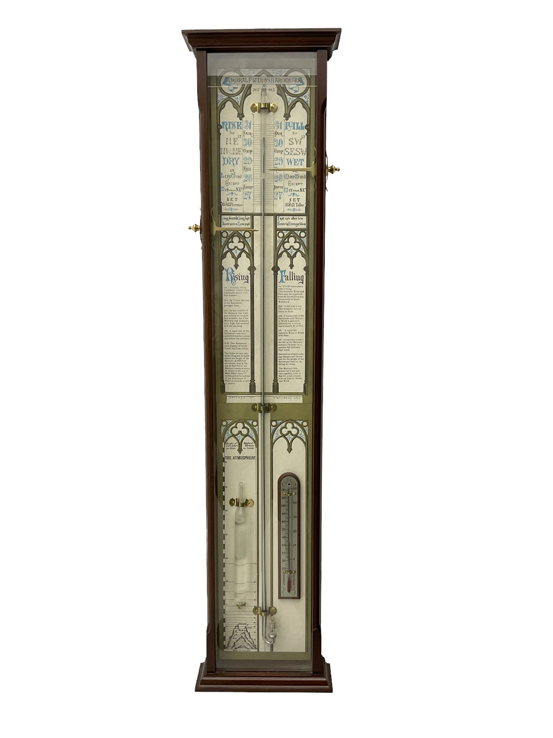 Comitti of London - 20th-century replica mahogany Fitzroy barometer, in a fully glazed case with full-sized Fitzroy charts and weather predictions, with two adjustable recording pointers, spirit thermometer and storm glass, barometric pressure recorded in inches, cistern tube in good condition and containing mercury.