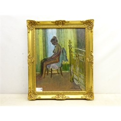  Olive Bagshaw (Northern British fl.1965-1978): Female Nude Seated near a Brass Bed, oil on canvas laid on board signed 50cm x 44cm Provenance: from the Artist's Studio Sale. Miss Bagshaw who was born in Salford, received her formal art training at Salford and Manchester Art School. Her work has been regularly accepted at the Royal Society of Portrait Painters, the Royal Academy and Federation of British Artists (Information from a 1970's Monks Hall Museum and Gallery exhibition catalogue)  DDS - Artist's resale rights may apply to this lot  