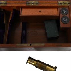 19th century brass monocular microscope by Hartnack & Prazmowski, in fitted case incscribed David Marr London, with two eyepieces, together with two further brass monocular microscopes