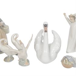 Ten Lladro figures, including Swan 5231, Friendship 1230, Geisha Girl 4989, Boy with Yacht etc 